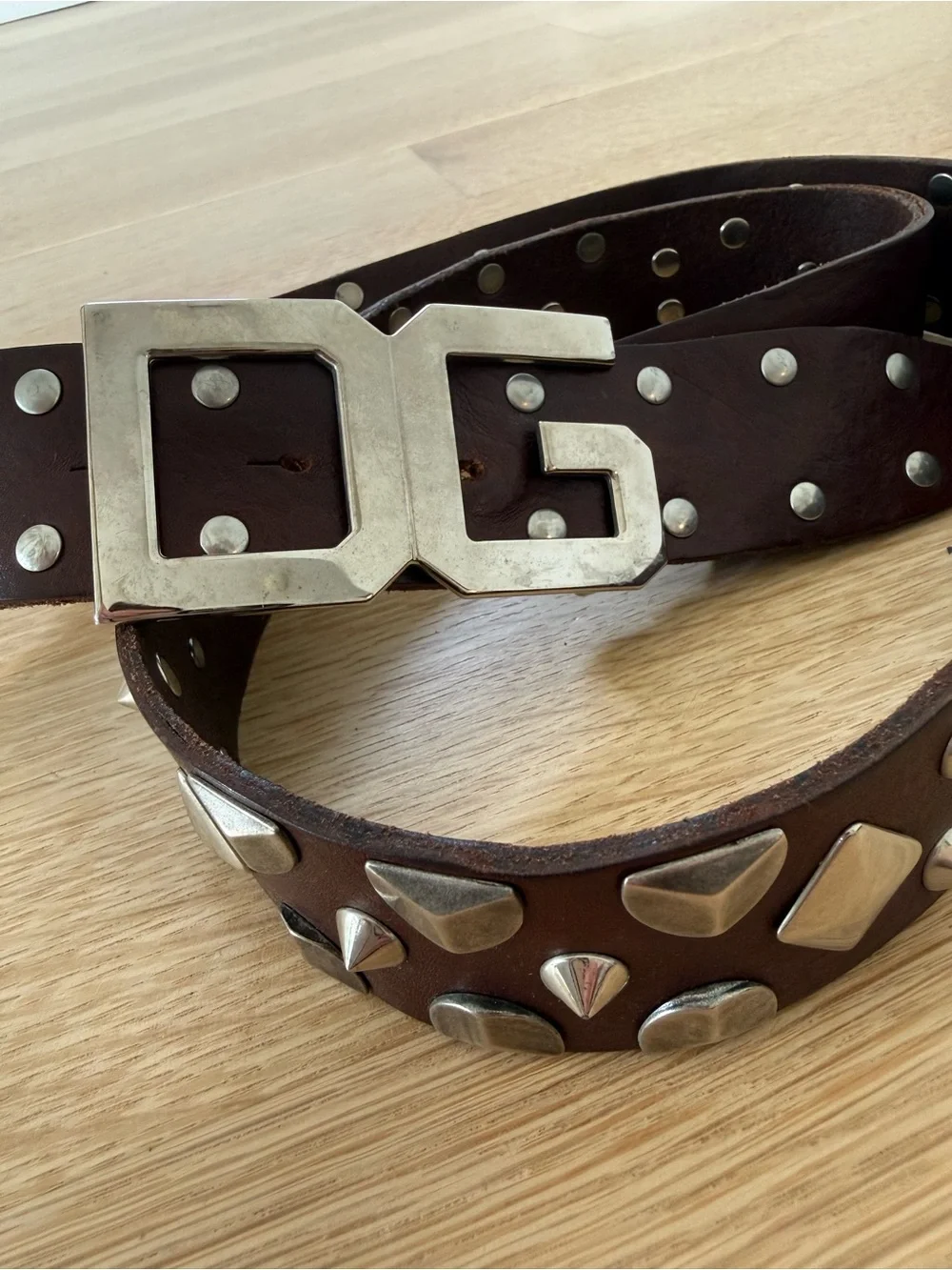 Authentic Dolce & Gabbana Studded Brown Leather Men’s Belt - DG Silver Buckle